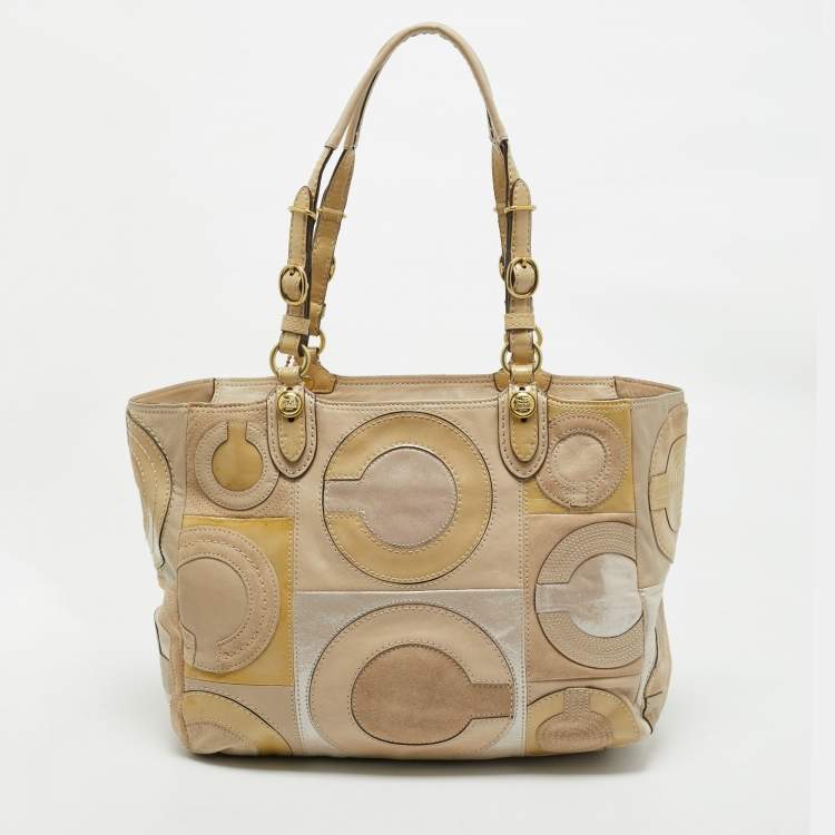 Pre Owned Coach Beige Mix Leather Mia Inlaid C Tote