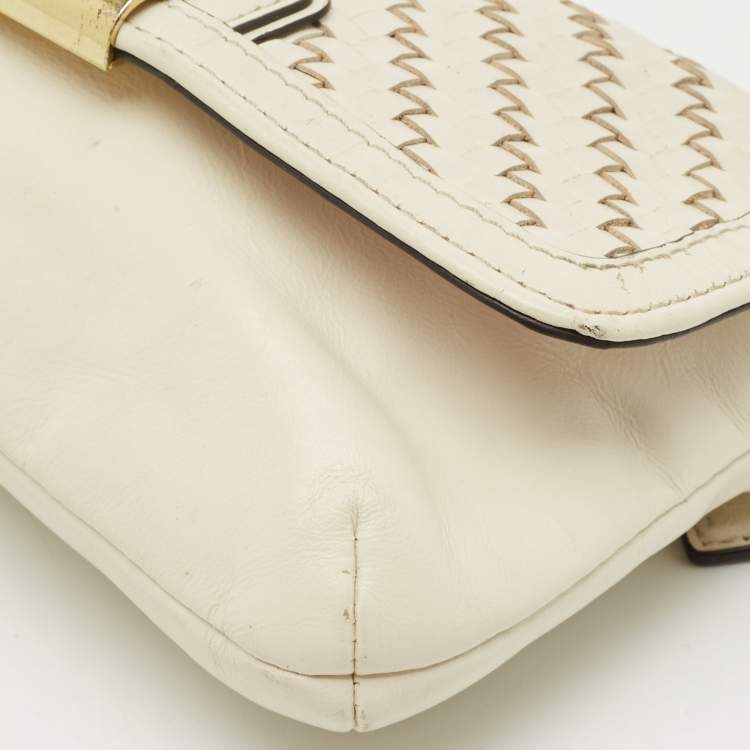 Pre Owned Coach White Woven Leather Kristin Clutch Bag