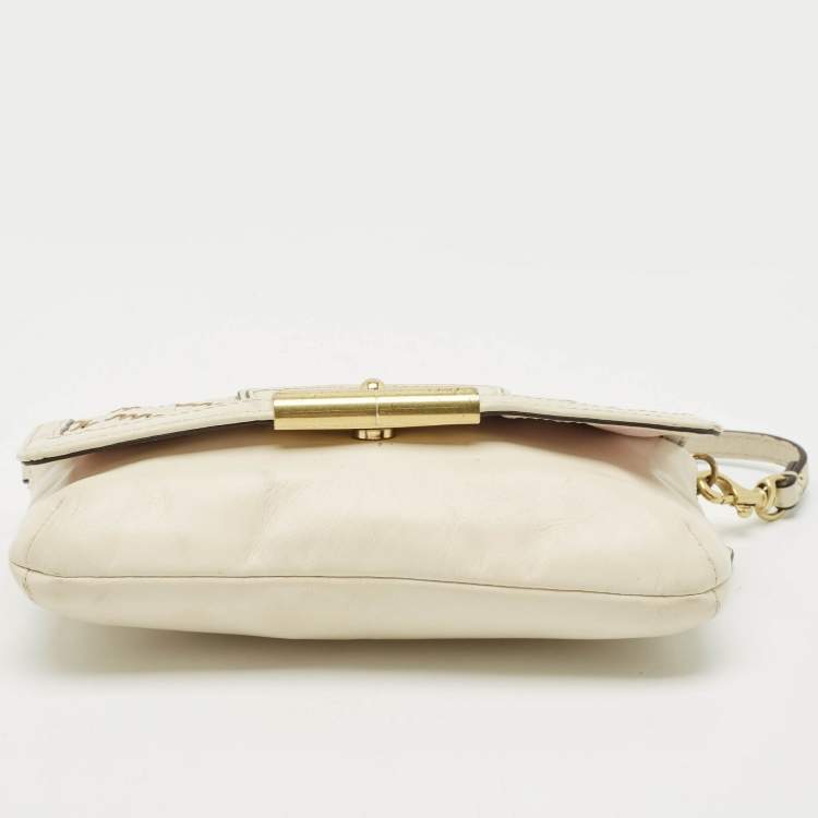 Pre Owned Coach White Woven Leather Kristin Clutch Bag
