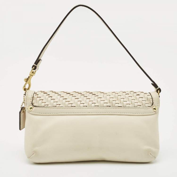 Pre Owned Coach White Woven Leather Kristin Clutch Bag