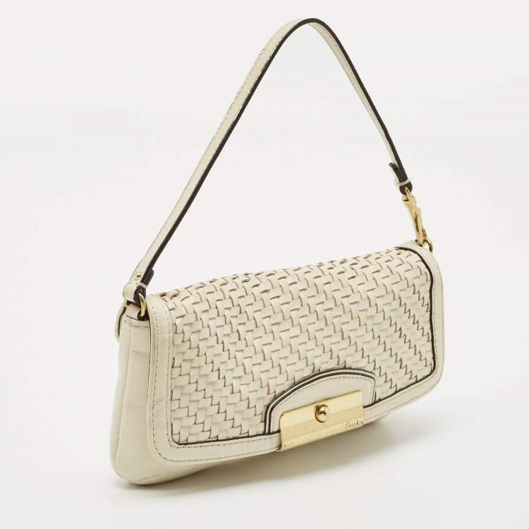 Pre Owned Coach White Woven Leather Kristin Clutch Bag