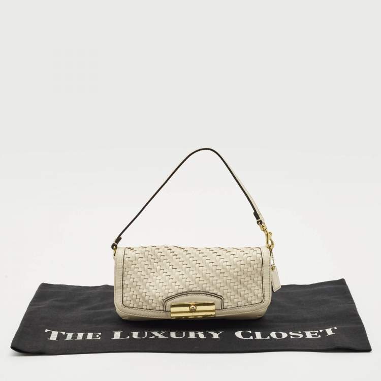 Pre Owned Coach White Woven Leather Kristin Clutch Bag