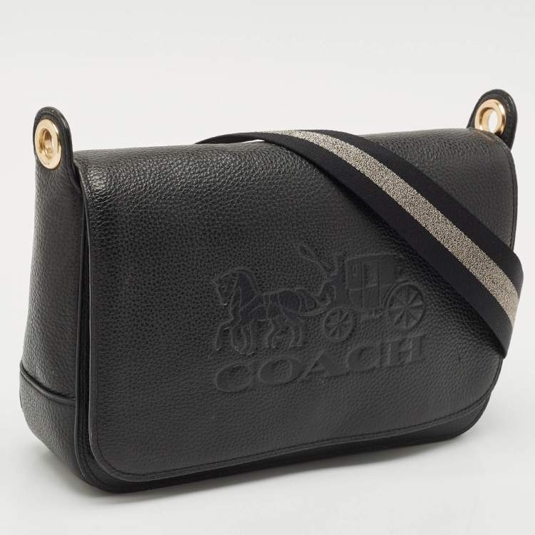 Pre Owned Coach Black Leather Logo Embossed Jes Flap Messenger Bag