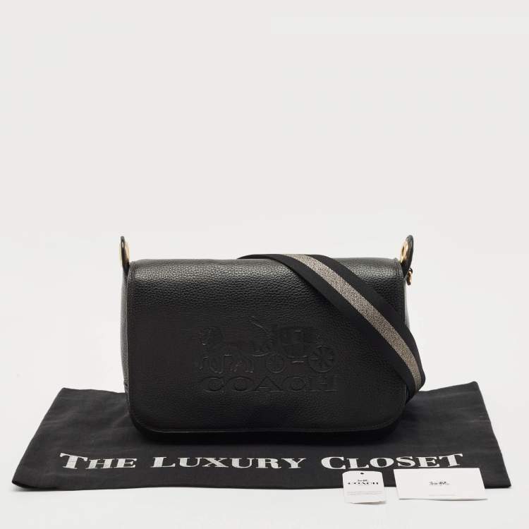 Pre Owned Coach Black Leather Logo Embossed Jes Flap Messenger Bag