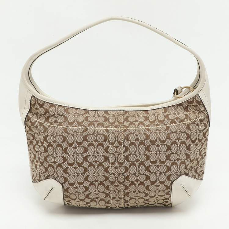 Pre Owned Coach Beige/White Signature Canvas and Leather Shoulder Bag