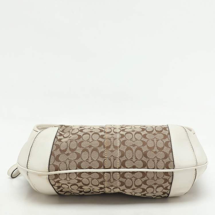 Pre Owned Coach Beige/White Signature Canvas and Leather Shoulder Bag