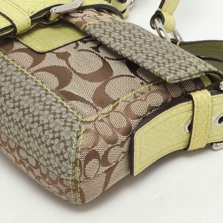 Pre Owned Coach Beige/Green Signature Patchwork Canvas and Python Buckle Shoulder Bag  