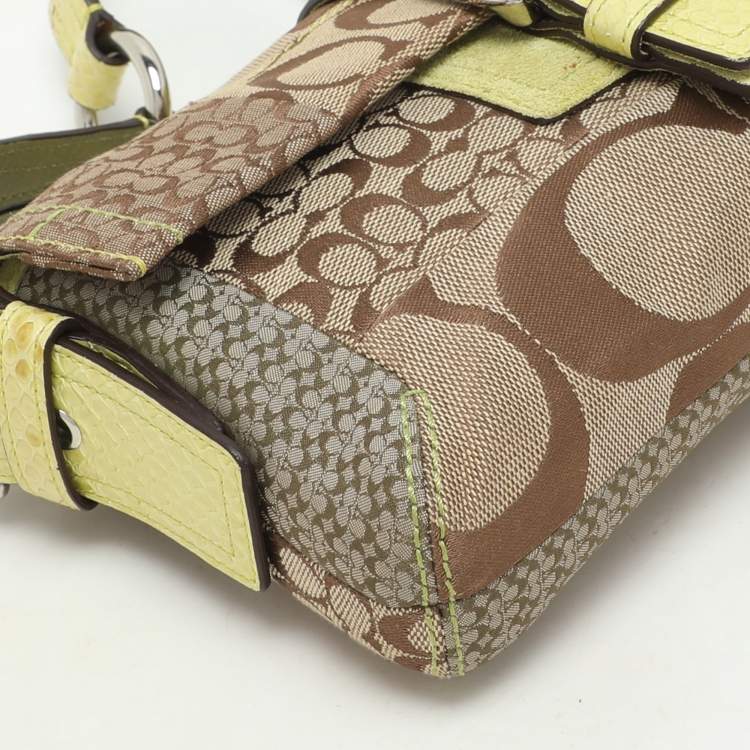 Pre Owned Coach Beige/Green Signature Patchwork Canvas and Python Buckle Shoulder Bag  