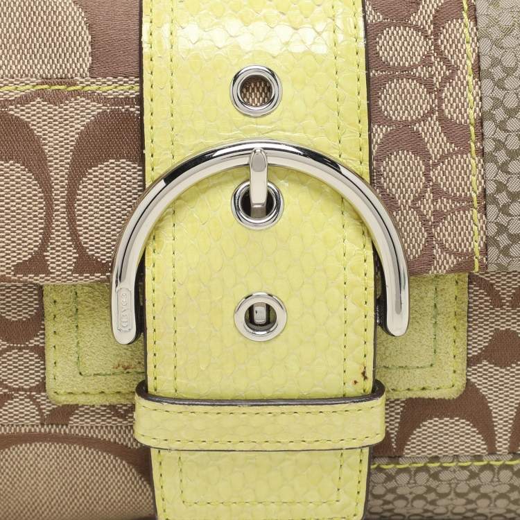 Pre Owned Coach Beige/Green Signature Patchwork Canvas and Python Buckle Shoulder Bag  