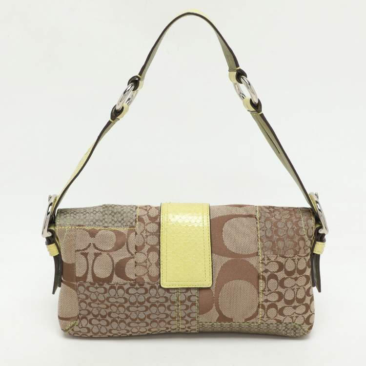 Pre Owned Coach Beige/Green Signature Patchwork Canvas and Python Buckle Shoulder Bag  