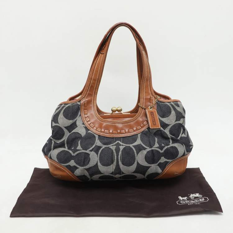 Pre Owned Coach Black/Brown Denim and Leather Frame Shoulder Bag