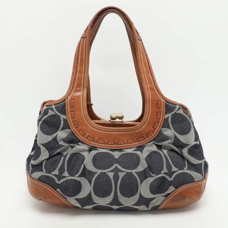 Pre Owned Coach Black/Brown Denim and Leather Frame Shoulder Bag
