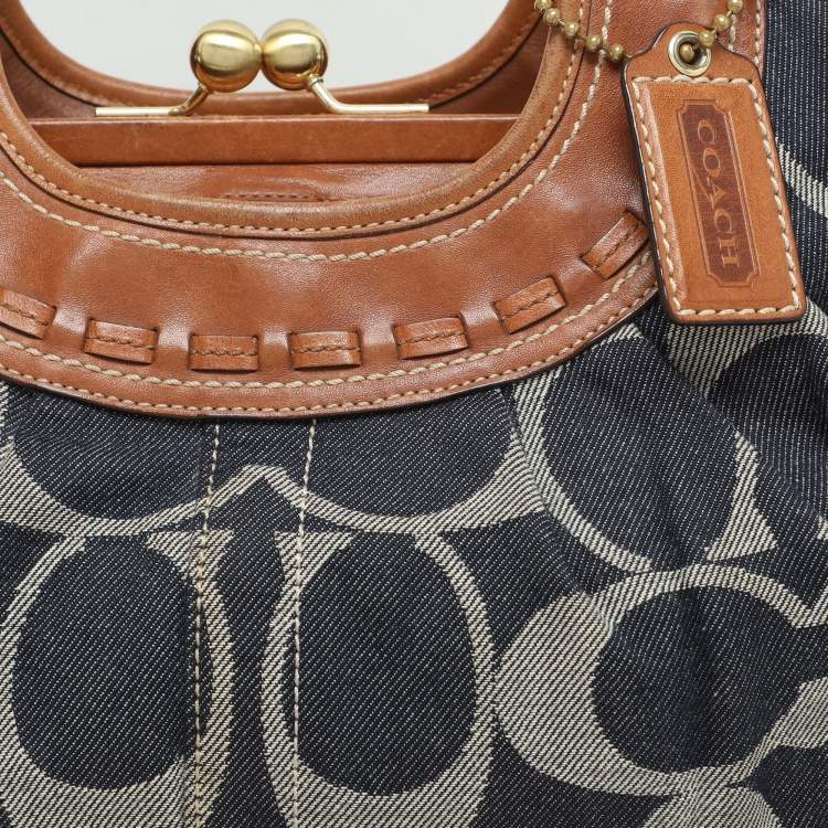 Pre Owned Coach Black/Brown Denim and Leather Frame Shoulder Bag