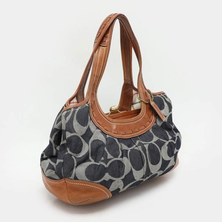 Pre Owned Coach Black/Brown Denim and Leather Frame Shoulder Bag
