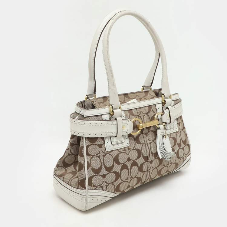 Pre Owned Coach Beige/White Signature Canvas and Leather Hampton Satchel