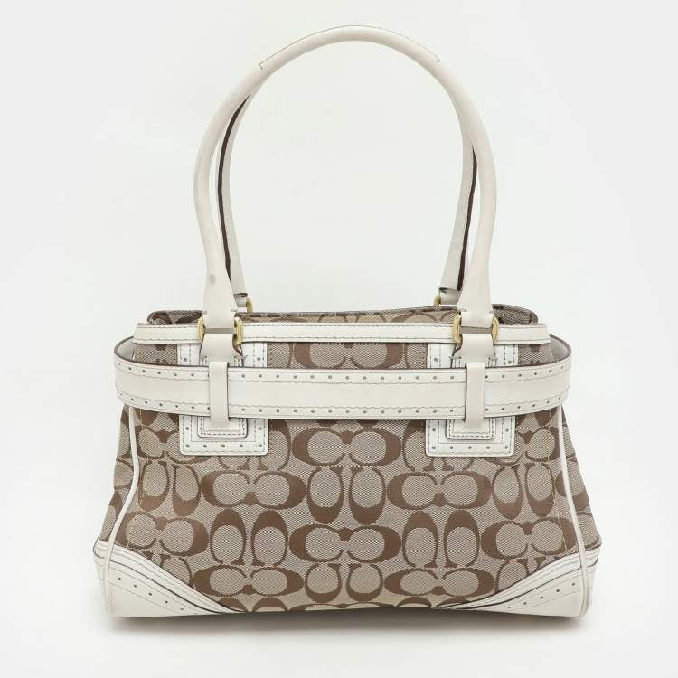 Pre Owned Coach Beige/White Signature Canvas and Leather Hampton Satchel