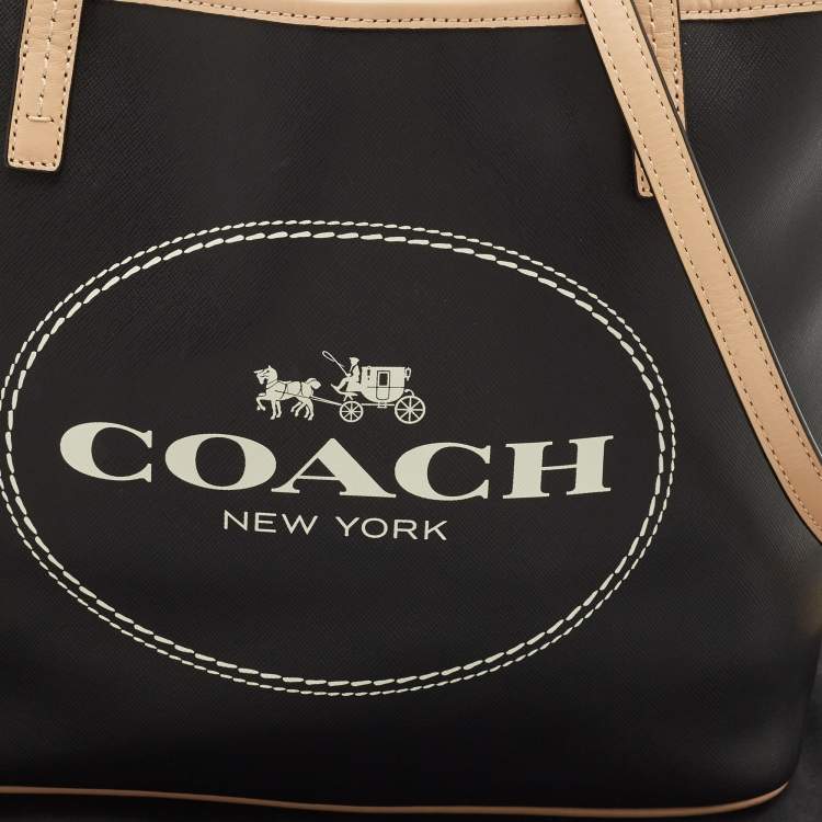 Pre Owned Coach Black/Tan Coated Canvas Small Metro Horse Carriage Shopper Tote