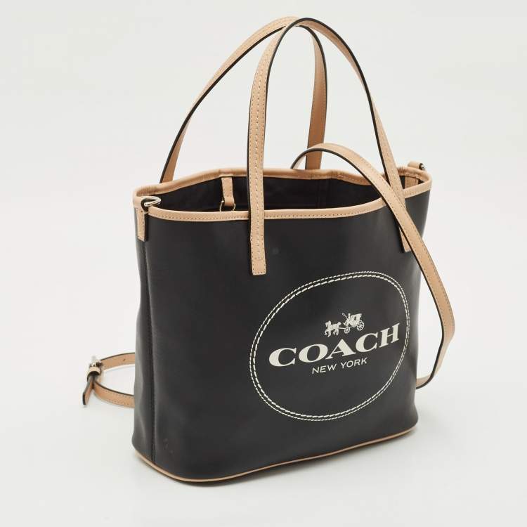 Pre Owned Coach Black/Tan Coated Canvas Small Metro Horse Carriage Shopper Tote