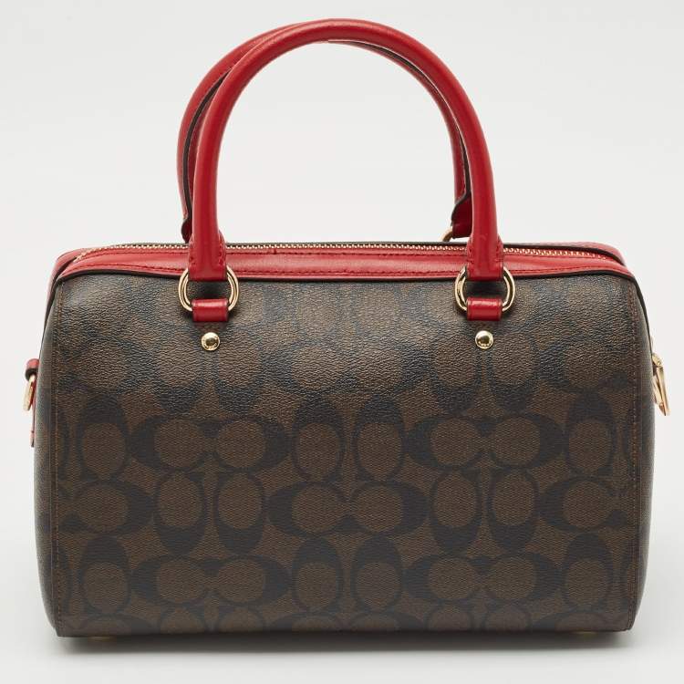 Pre Owned Coach Brown/Red Signature Coated Canvas and Leather Rowan Boston Satchel