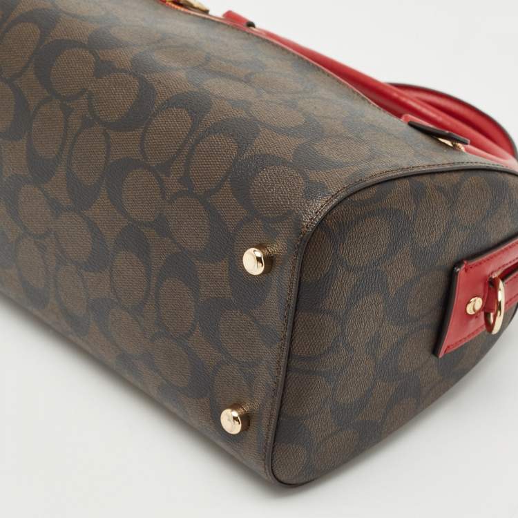 Pre Owned Coach Brown/Red Signature Coated Canvas and Leather Rowan Boston Satchel