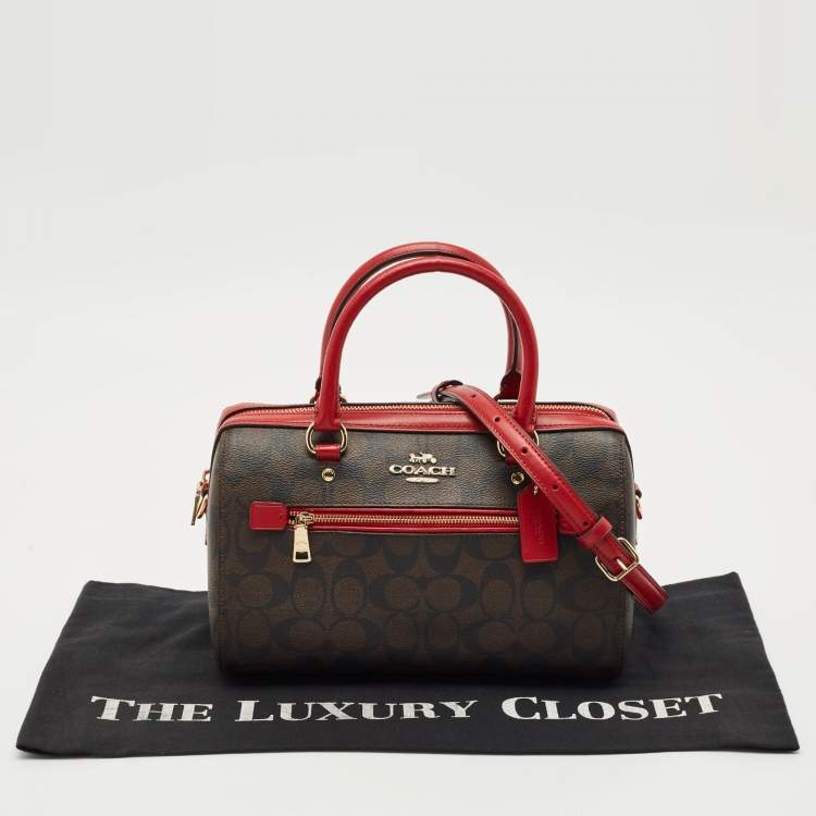 Pre Owned Coach Brown/Red Signature Coated Canvas and Leather Rowan Boston Satchel