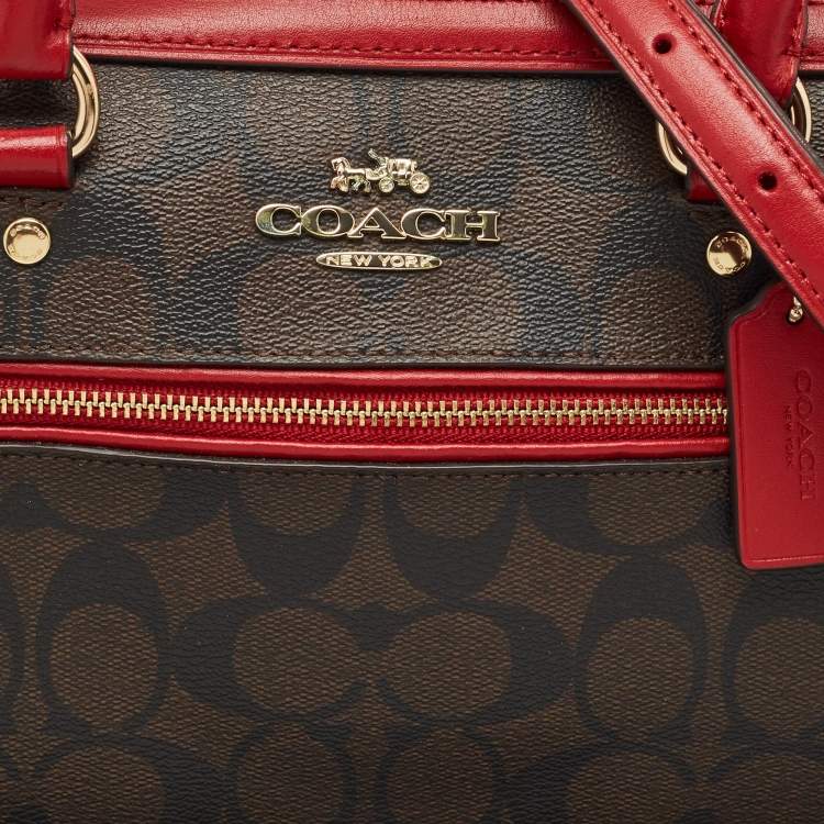 Pre Owned Coach Brown/Red Signature Coated Canvas and Leather Rowan Boston Satchel