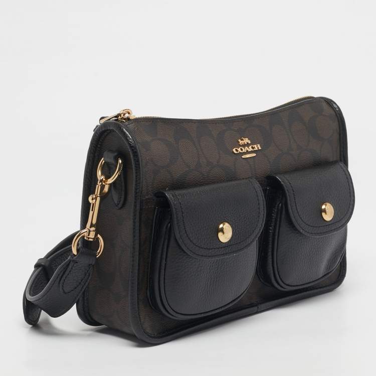 Pre Owned Coach Black/Brown Signature Coated Canvas and Leather Pennie Crossbody Bag