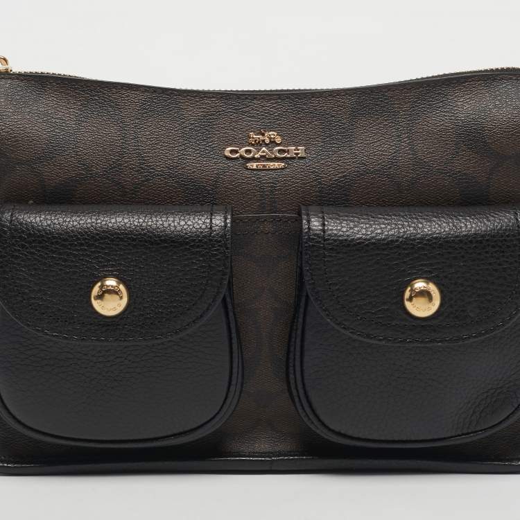Pre Owned Coach Black/Brown Signature Coated Canvas and Leather Pennie Crossbody Bag
