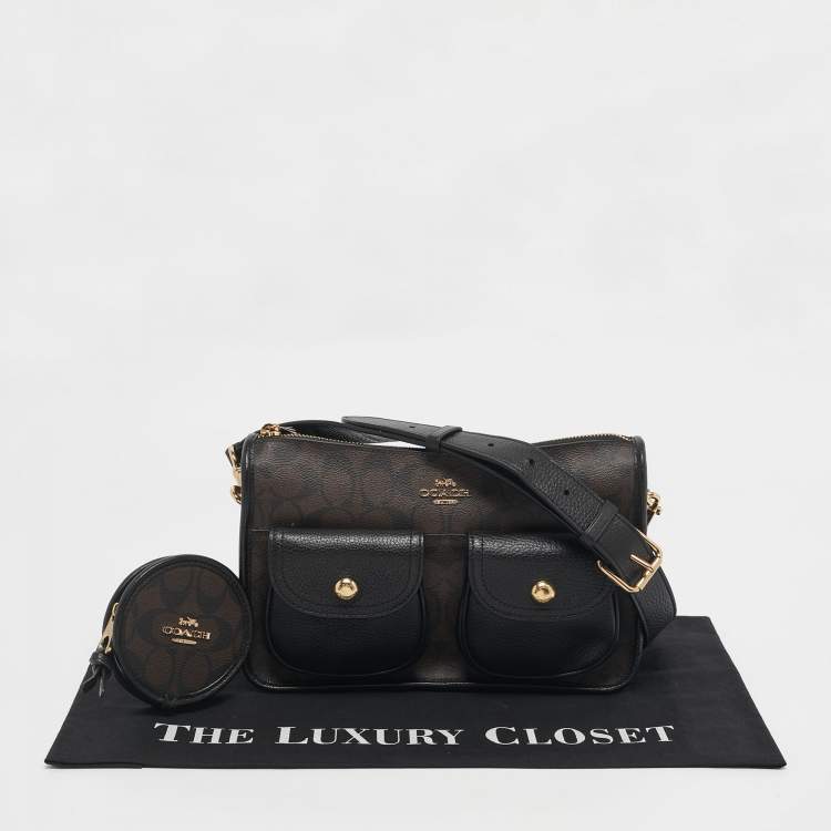 Pre Owned Coach Black/Brown Signature Coated Canvas and Leather Pennie Crossbody Bag