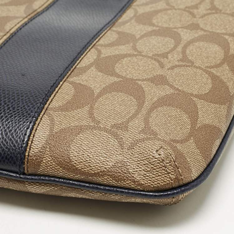 Pre Owned Coach Beige/Blue Signature Coated Canvas and Leather Kitt Crossbody Bag