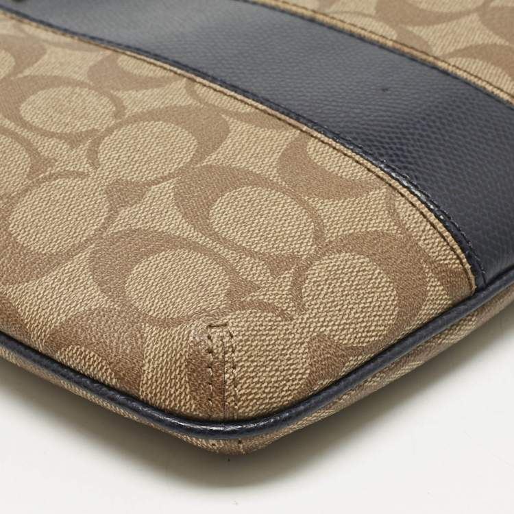 Pre Owned Coach Beige/Blue Signature Coated Canvas and Leather Kitt Crossbody Bag