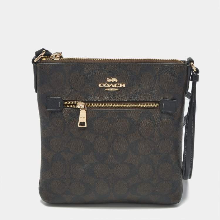 Pre Owned Coach Black/Brown Signature Coated Canvas and Leather Mini Rowan Messenger Bag