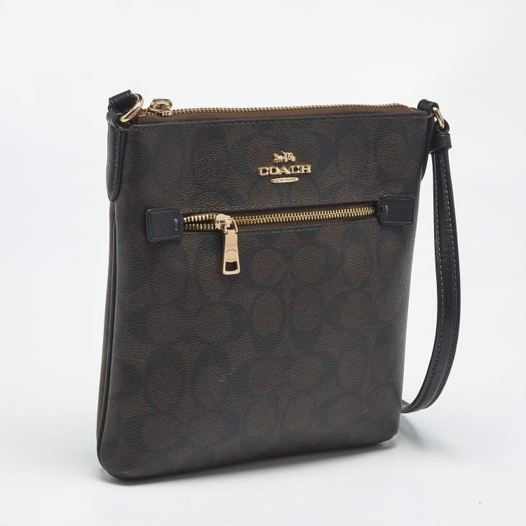 Pre Owned Coach Black/Brown Signature Coated Canvas and Leather Mini Rowan Messenger Bag