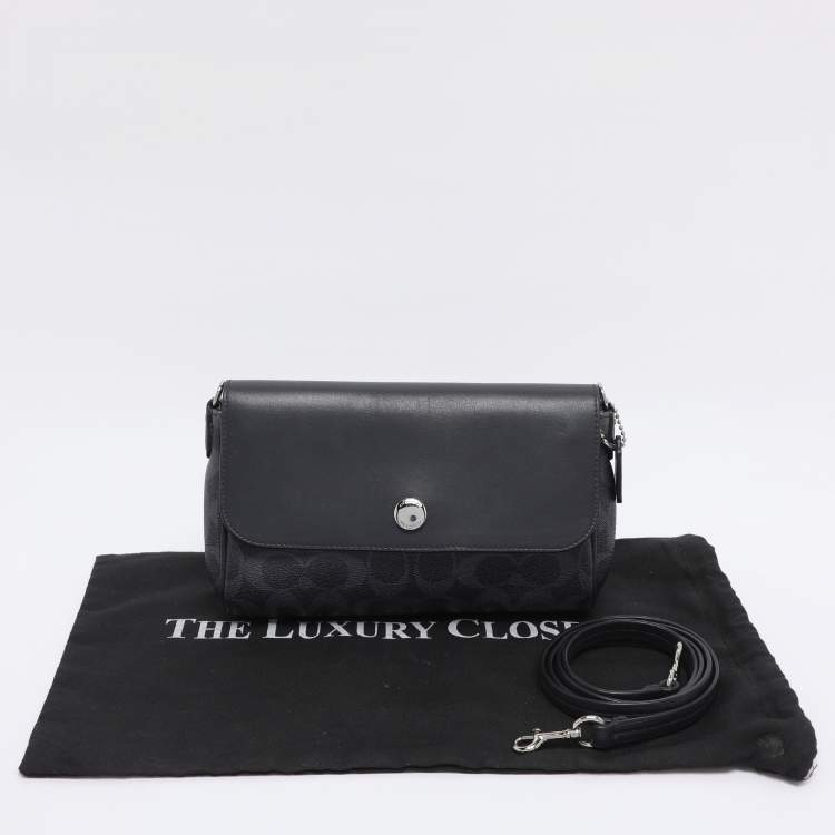Pre Owned Coach Navy Blue Signature Coated Canvas and Leather Reversible Flap Crossbody Bag