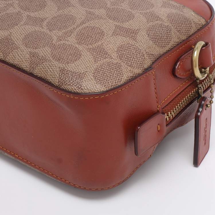 Pre Owned Coach Beige/Brown Signature Coated Canvas and Leather Camera Crossbody Bag