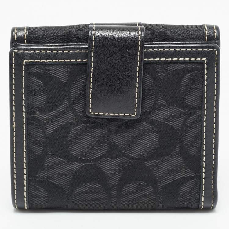 Pre Owned Coach Black Signature Canvas and Leather Flap Compact Wallet