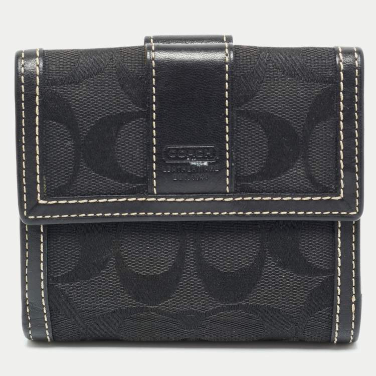 Pre Owned Coach Black Signature Canvas and Leather Flap Compact Wallet