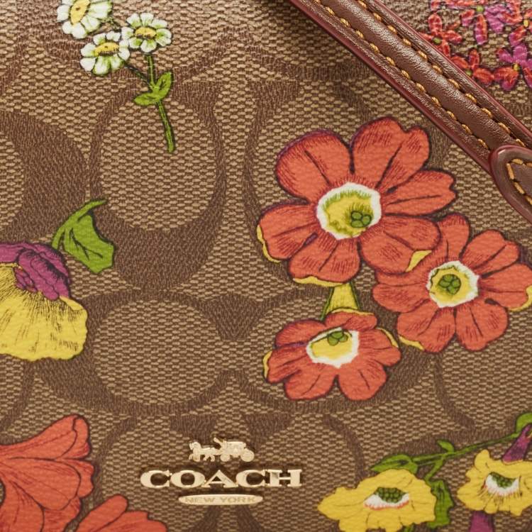 Pre Owned Coach Brown Signature Coated Canvas Floral Print Crossbody Bag