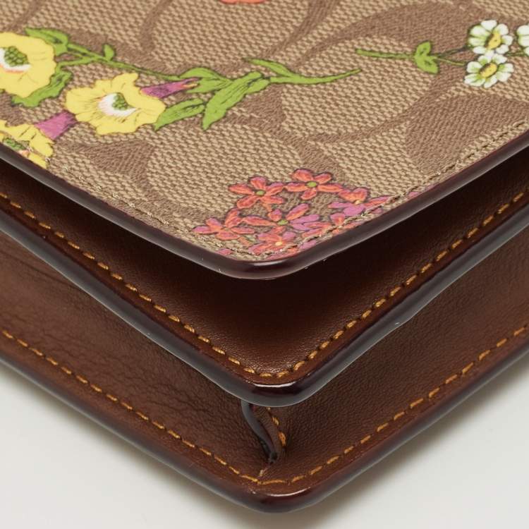 Pre Owned Coach Brown Signature Coated Canvas Floral Print Crossbody Bag