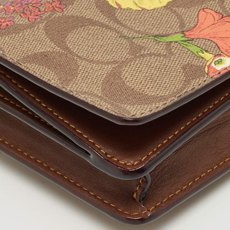 Pre Owned Coach Brown Signature Coated Canvas Floral Print Crossbody Bag