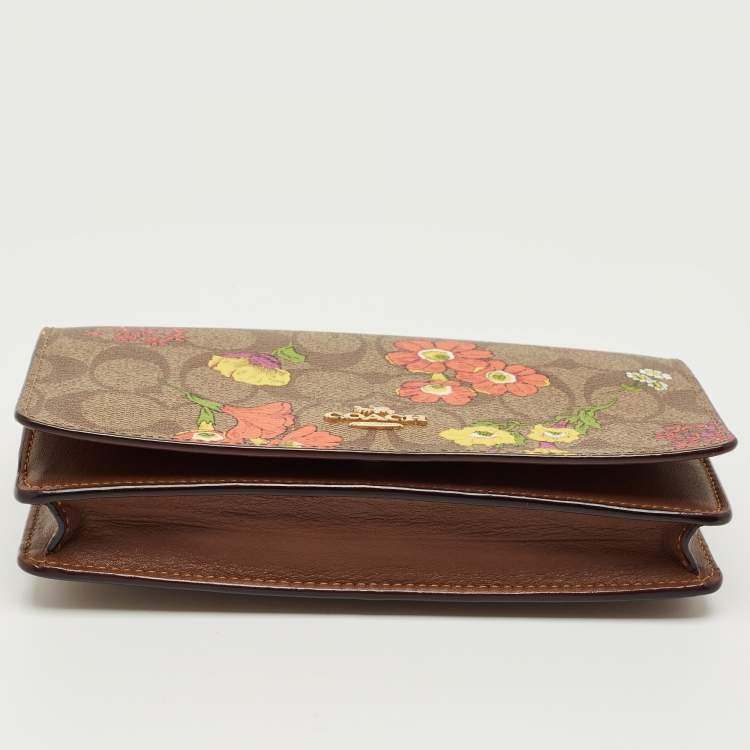 Pre Owned Coach Brown Signature Coated Canvas Floral Print Crossbody Bag