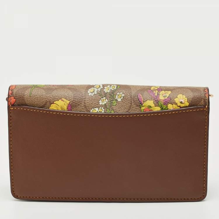 Pre Owned Coach Brown Signature Coated Canvas Floral Print Crossbody Bag