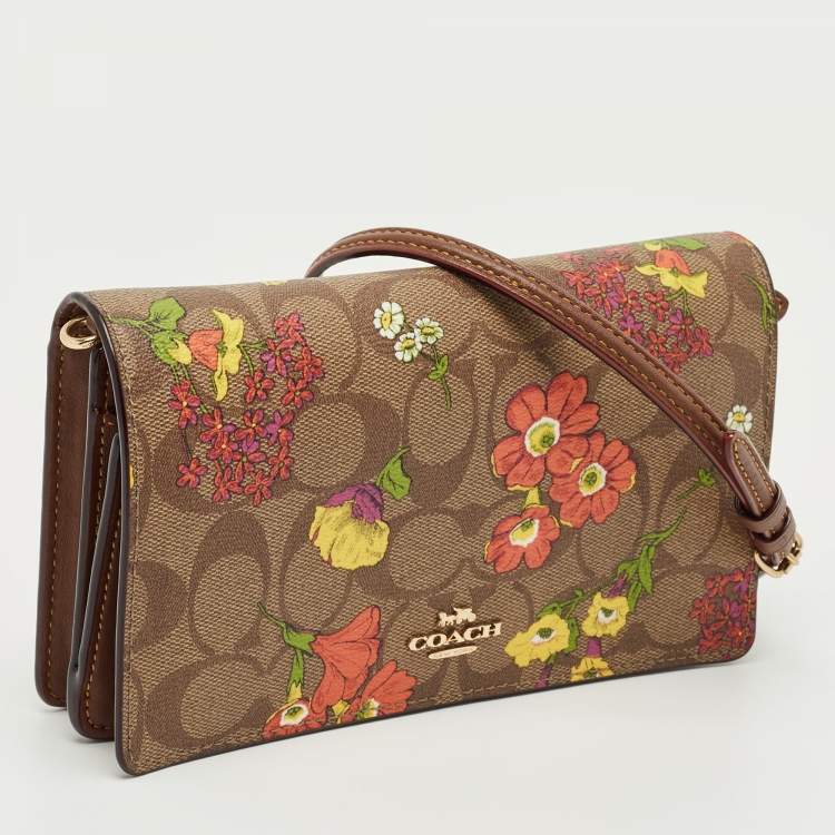 Pre Owned Coach Brown Signature Coated Canvas Floral Print Crossbody Bag