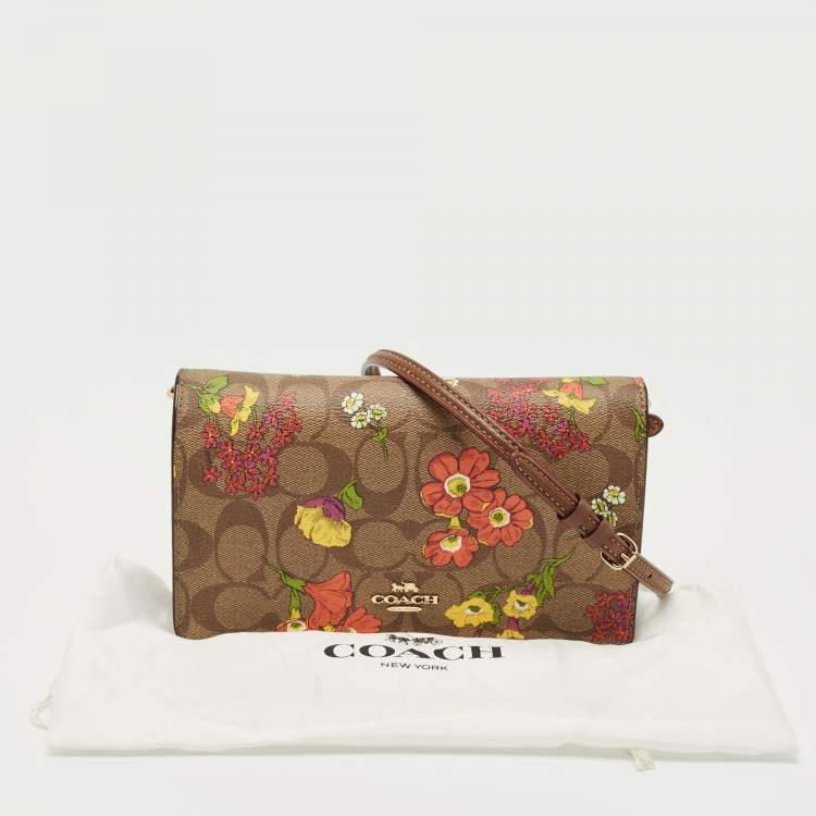 Pre Owned Coach Brown Signature Coated Canvas Floral Print Crossbody Bag