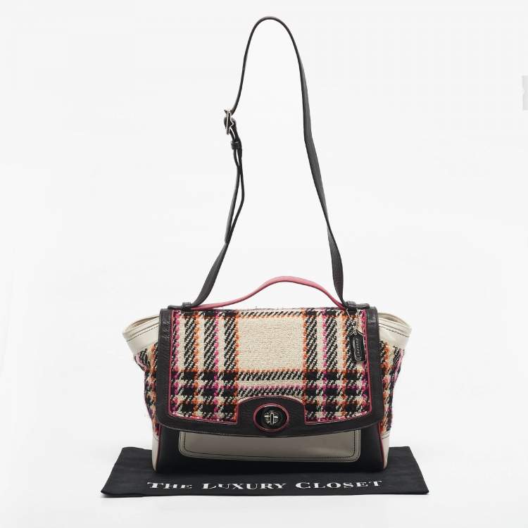 Pre Owned Coach Multicolor Plaid Tweed and Leather Turnlock Top Handle Bag