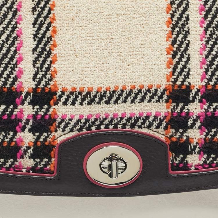 Pre Owned Coach Multicolor Plaid Tweed and Leather Turnlock Top Handle Bag
