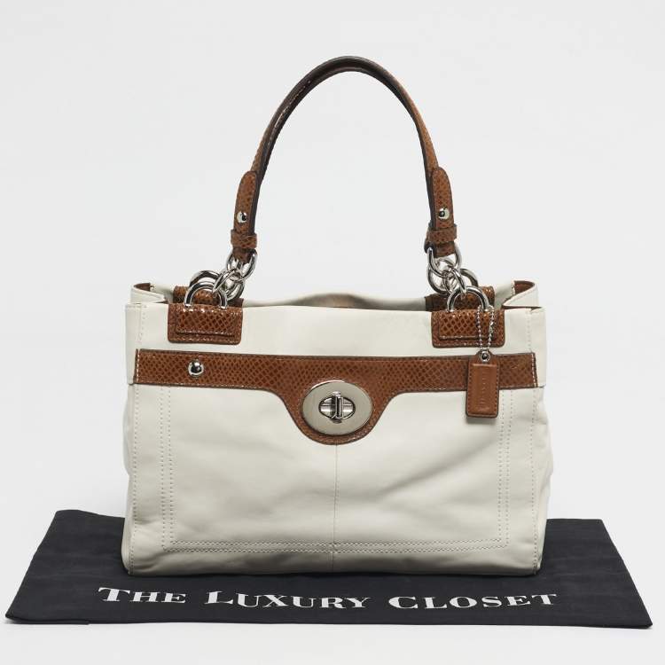 Pre Owned Coach White/Brown Leather and Snake Effect Suede Penelope Tote