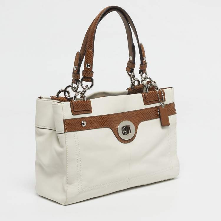 Pre Owned Coach White/Brown Leather and Snake Effect Suede Penelope Tote