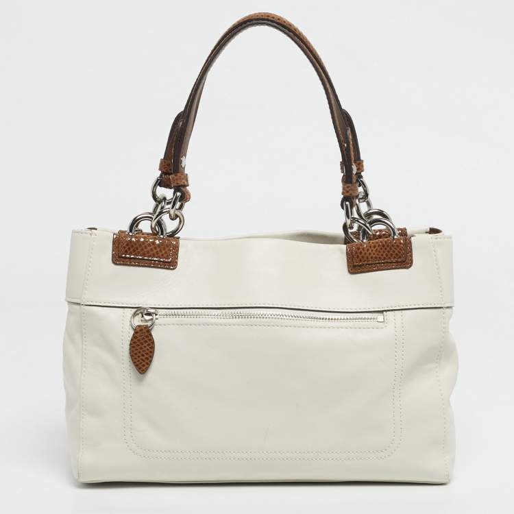 Pre Owned Coach White/Brown Leather and Snake Effect Suede Penelope Tote