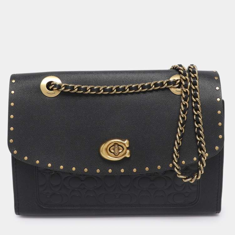 Pre Owned Coach Black Leather and Snakeskin Parker Rivets Shoulder Bag